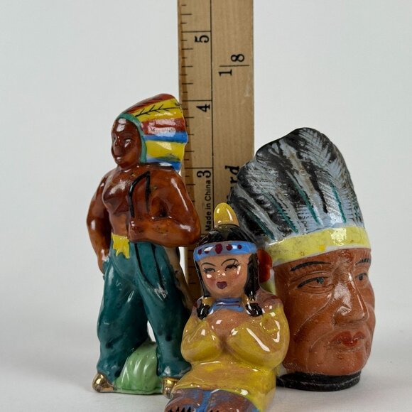 Vintage Native American Figurines Lot of 3 Hand Painted Ceramic Made in Japan So - Picture 8 of 8